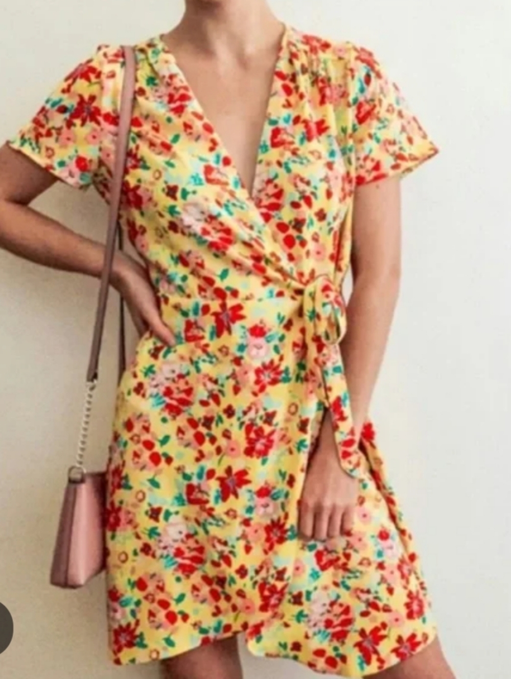 J. Crew Yellow Floral Wrap Mini Dress (A1)
